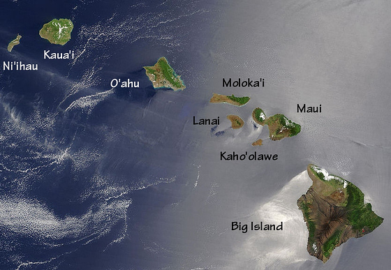 Hawaii Satellite Photo - Big Island, Maui, Kahoolawe, Lanai, Molokai, Oahu, Kauai, Niihau.